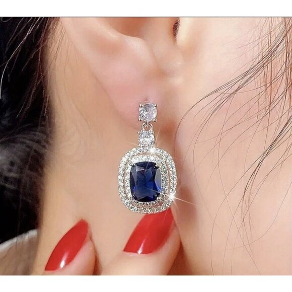 925 Silver Plated blue topaz Drop Earrings Micro Paved Crystal - Picture 1 of 5